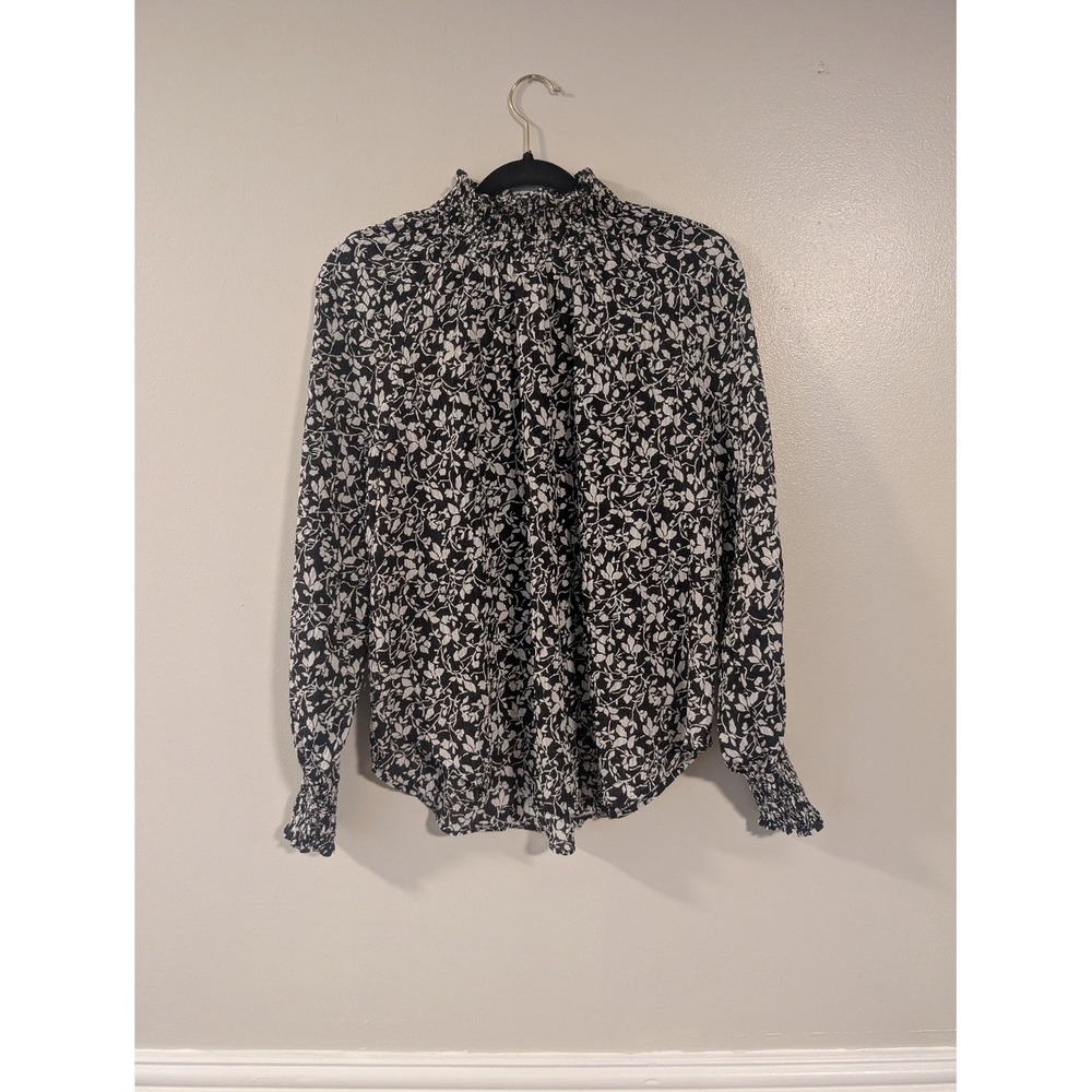 Loft Black & White Floral Smocked Neck Long-Sleeve Blouse M